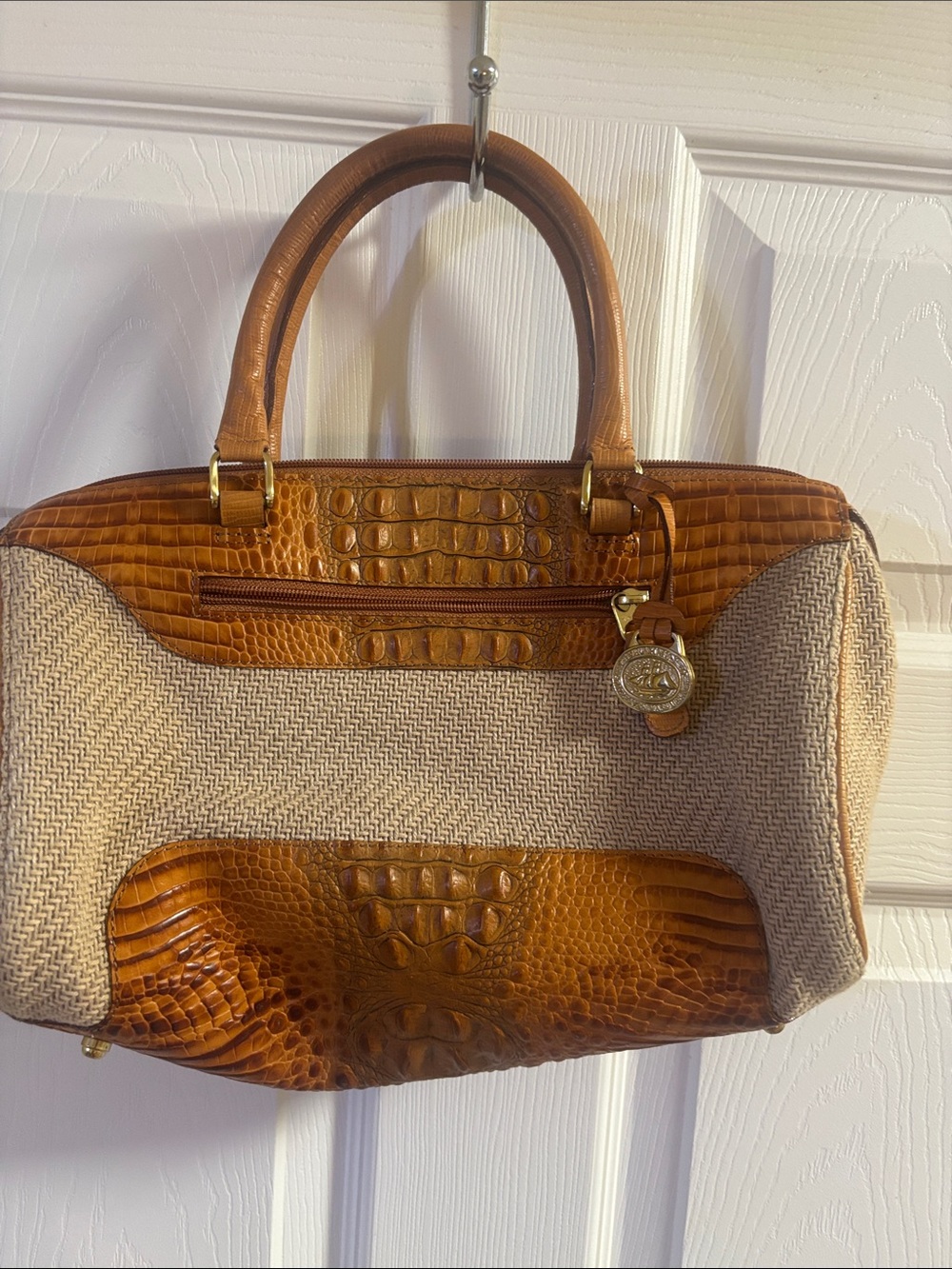Brahmin Tan Croc-Embossed Leather and Cream Woven Satchel